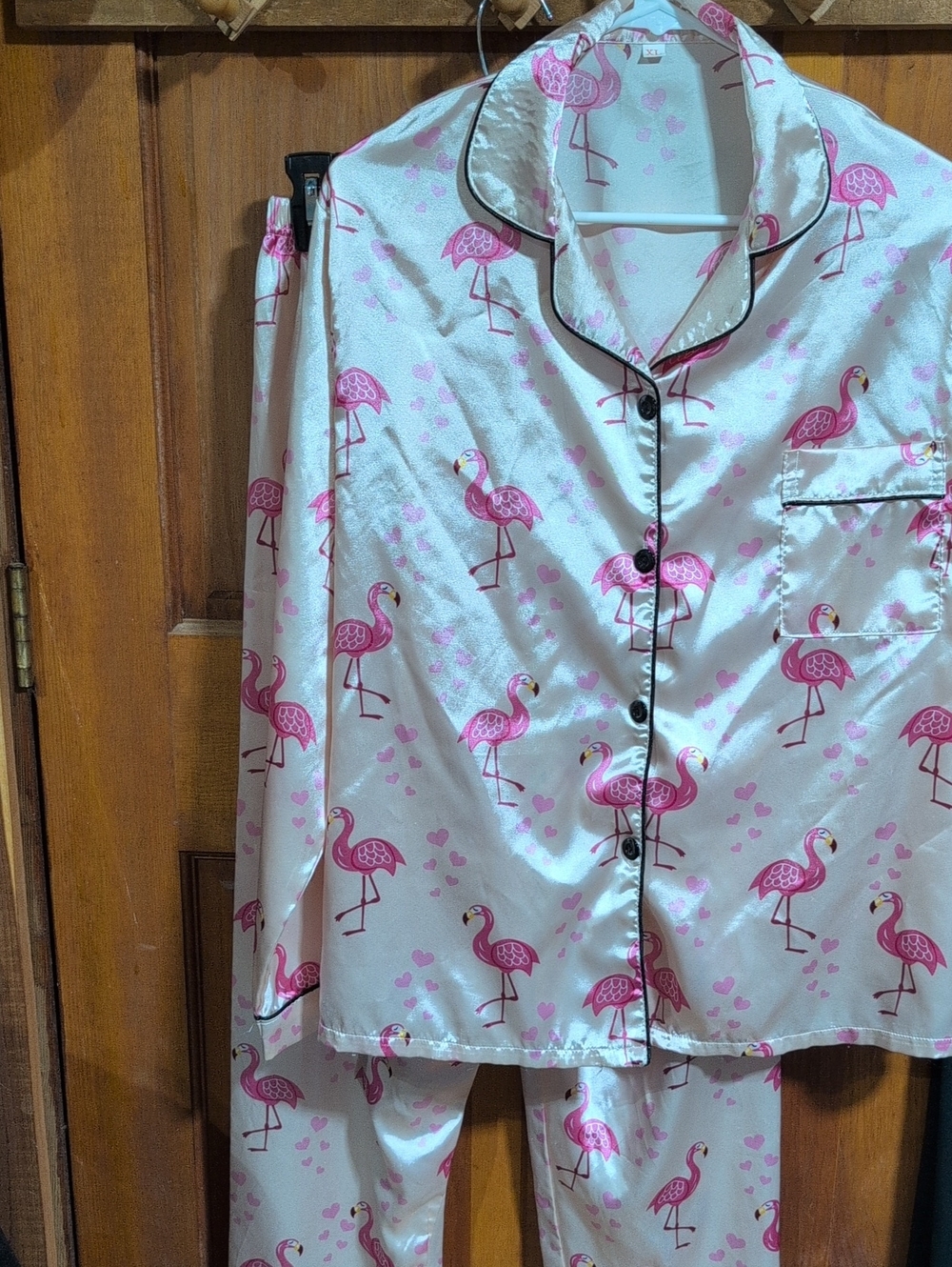 White Satin Flamingo Pajama Set with Pink Print